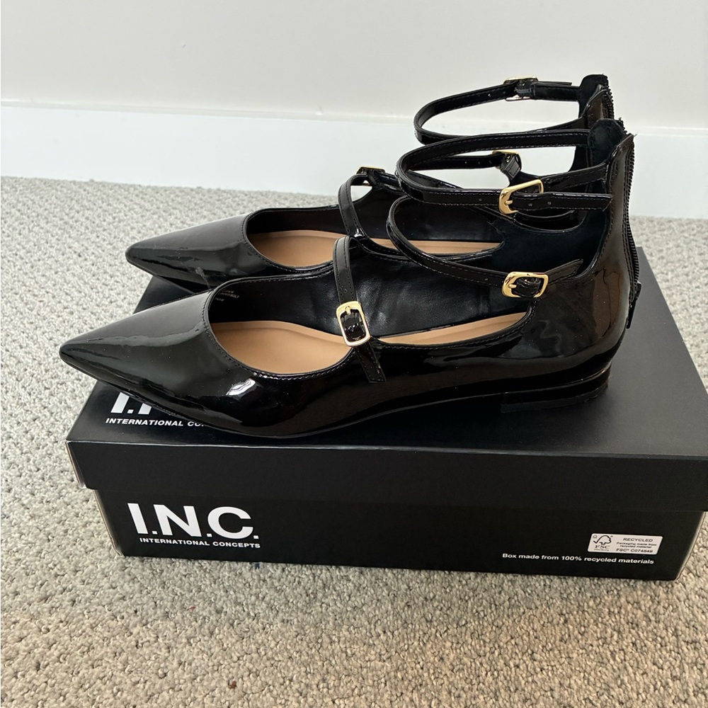 INC International Concepts Women's Black Patent Flats with Ankle Straps - Picture 2 of 4